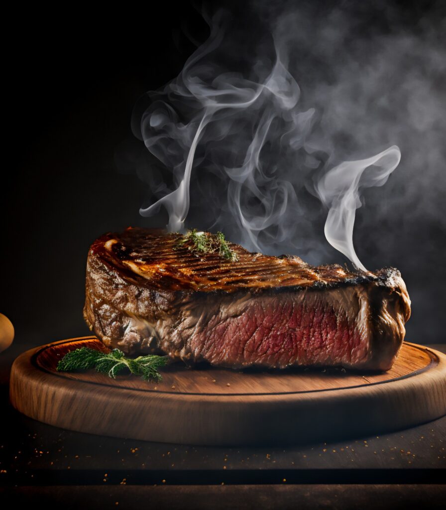 Saftiges Steak vom Grill mit Rauchhintergrund, generative KI